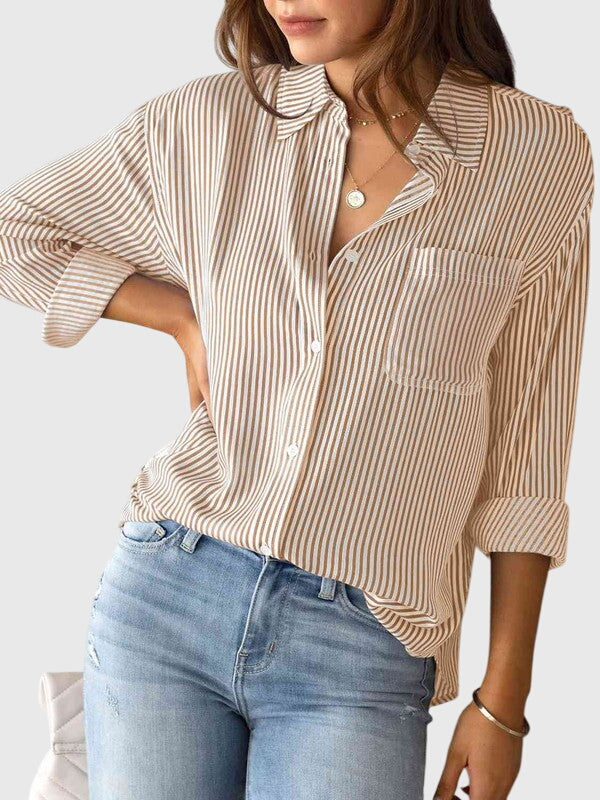 Chic green striped collared blouse for women, a comfortable long sleeve option.