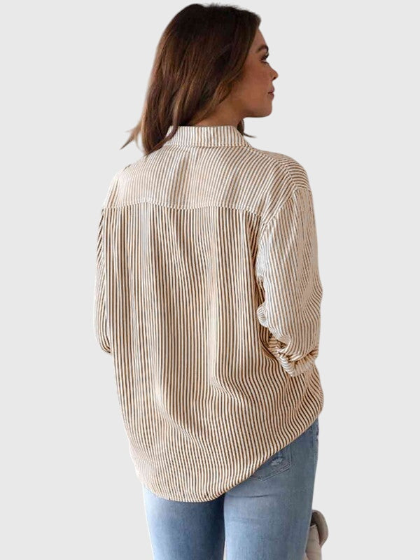 Violet striped collared button-down shirt for women, suitable for daily wear.