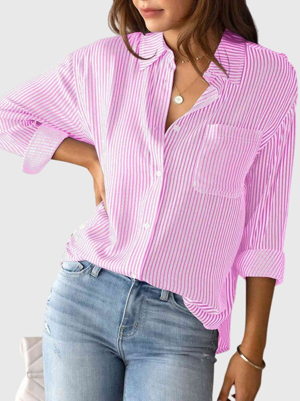 Stylish violet women's striped long sleeve shirt, perfect for office & casual.
