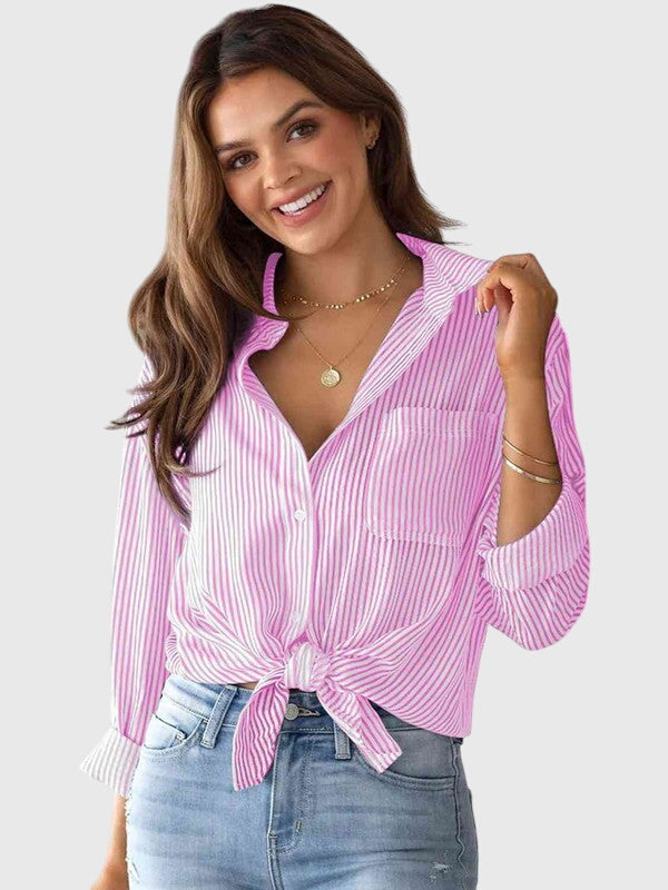 Pink striped collared women's shirt, a comfy long sleeve button-down for style.