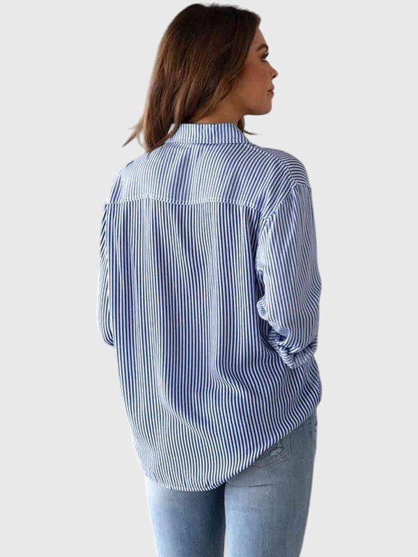 Women's sand long sleeve striped top, a comfortable and elegant daily wear shirt.