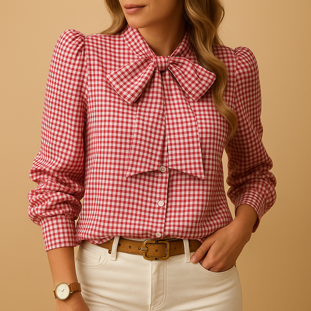 Elegant women's plaid blouse with chic bow detail, long sleeve, perfect for office wear or stylish casual look.