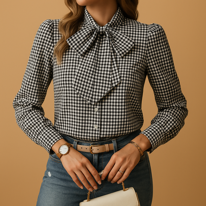 Versatile women's elegant plaid long-sleeve blouse with chic bow, ideal for stylish seasonal or office fashion.