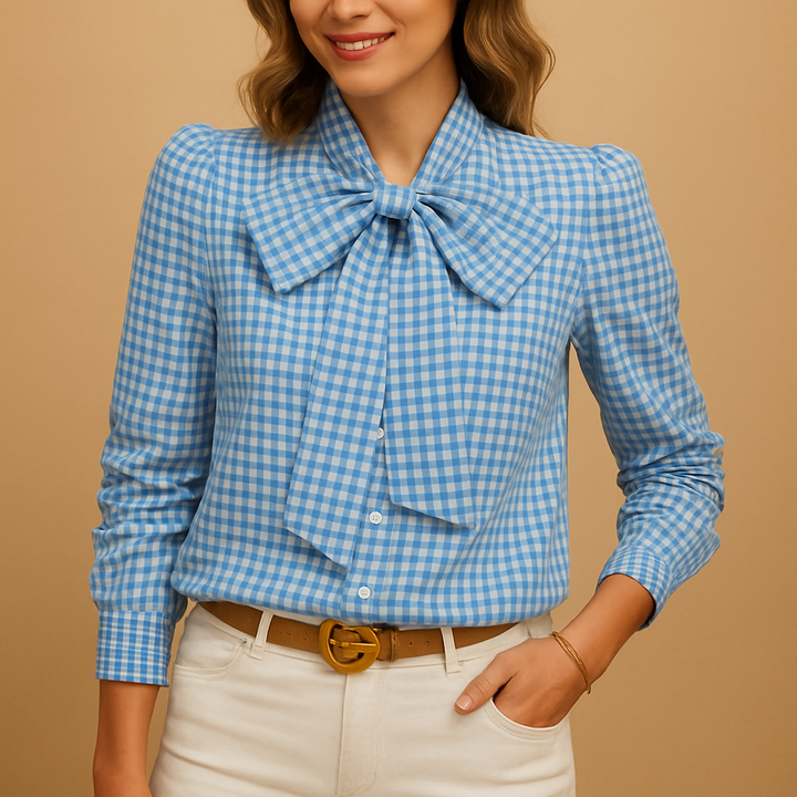 Chic women's plaid blouse featuring elegant bow detail, a long-sleeve top for ladies' fashion & comfort.