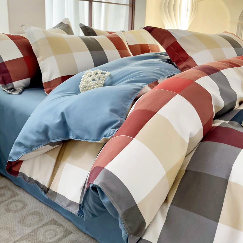 Complete plaid color block bed sheet set, including quilt cover, for a modern and breathable bedroom