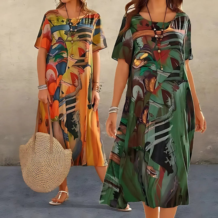 Everyday women's plus size abstract print maxi dress, short sleeve, a comfortable and stylish casual summer outfit.