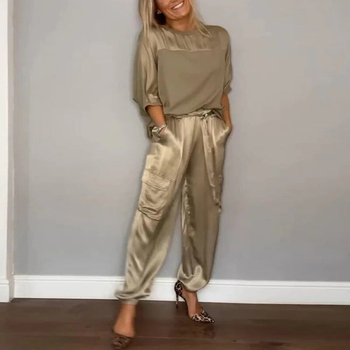 Women's plus size cargo two-piece set with drawstring pants, perfect for a casual, comfortable utility style outfit.