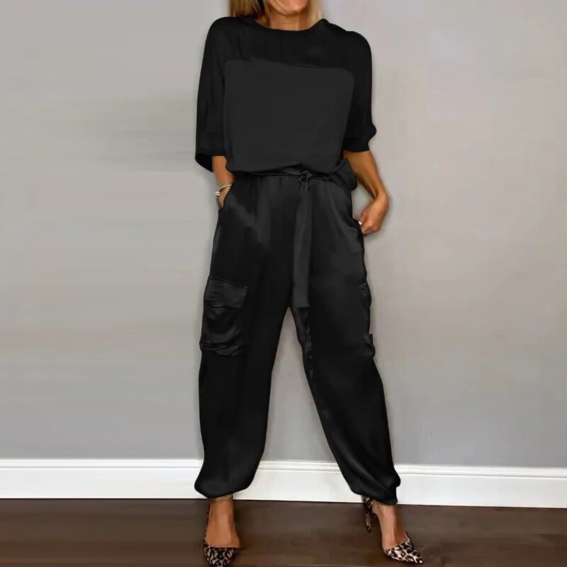 Comfortable plus size women's cargo matching set with drawstring pants. Trendy casual fall/spring utility outfit.