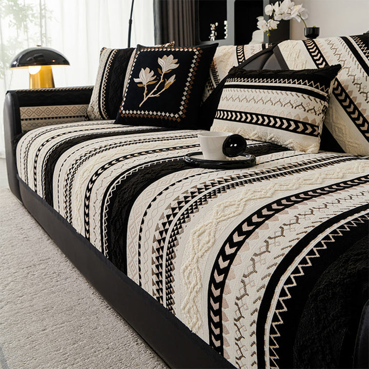 Unisex chenille colorblock sofa cover with non-slip backing, ideal for sectional furniture.