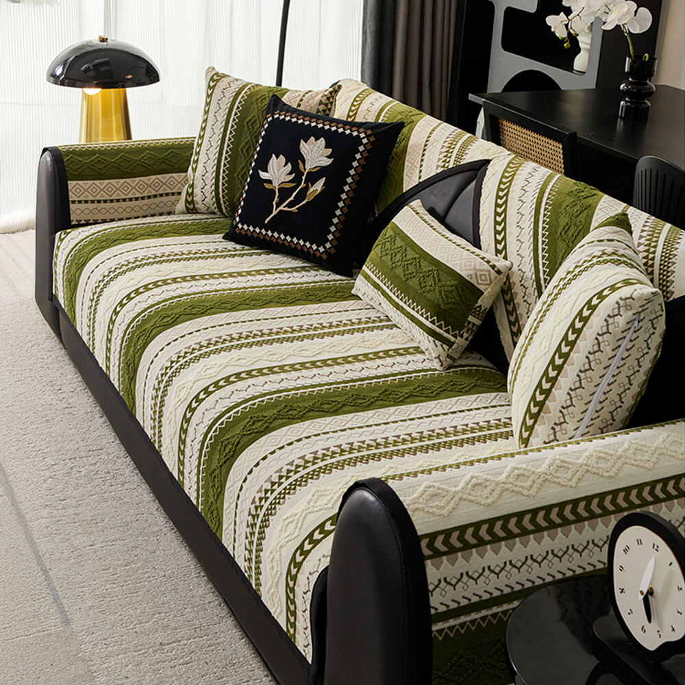 Stylish non-slip colorblock woven suede couch cover, perfect for modern home decor.