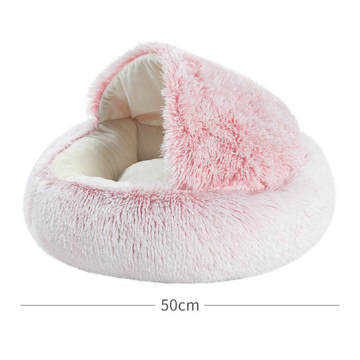 Washable dog bed and cat cave, convertible plush design in neutral color