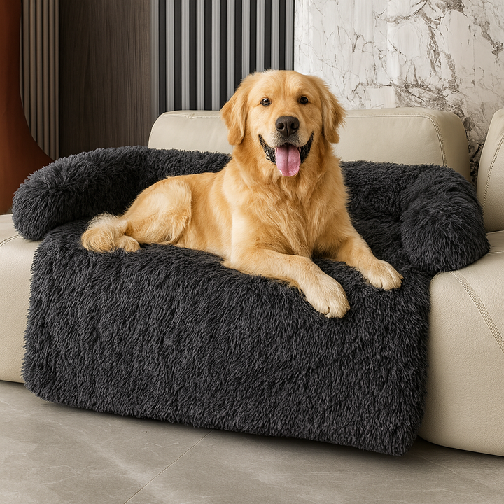 Plush dog sofa bed with soft faux fur and supportive bolster for ultimate pet comfort