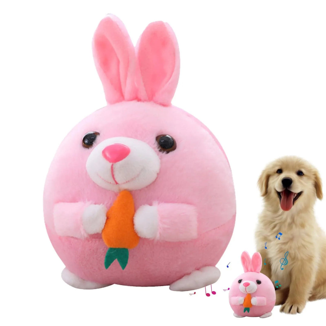 Cute plush pet toy with bouncing action and sound, great for interactive play with dogs.