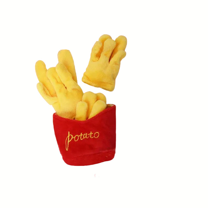 Playful fast food dog toy: squeaky hot dog with a soft, chewable texture