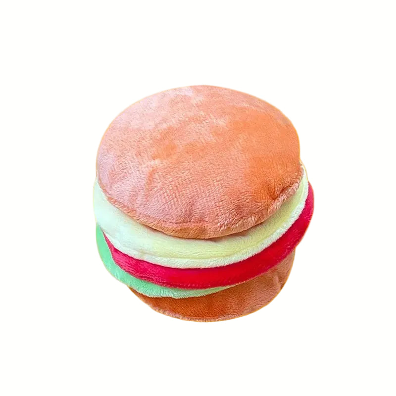 Set of squeaky plush dog toys: burger, fries, hot dog for varied play