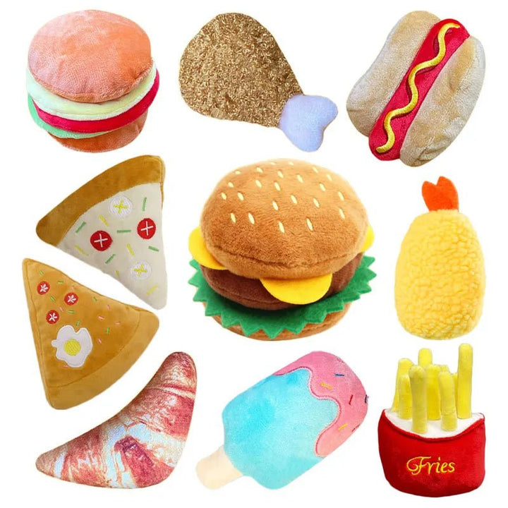 Soft pet toy resembling french fries for dogs and cats to chew and play