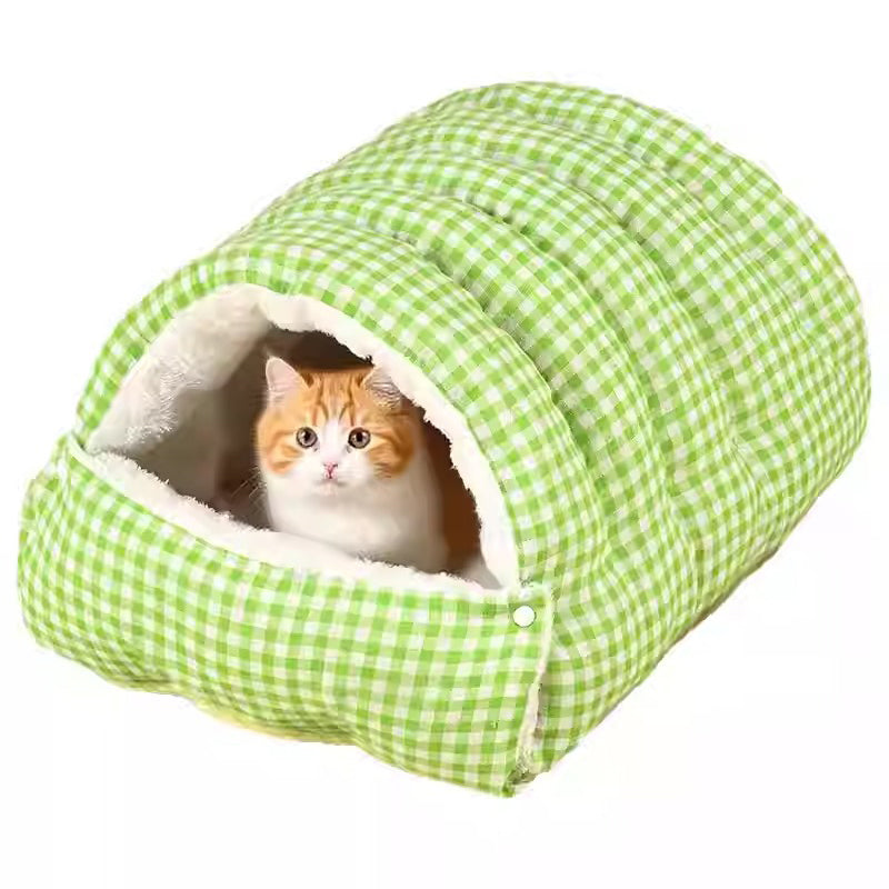 Cozy gray plush cat bed, enclosed cave for winter warmth and pet anxiety relief