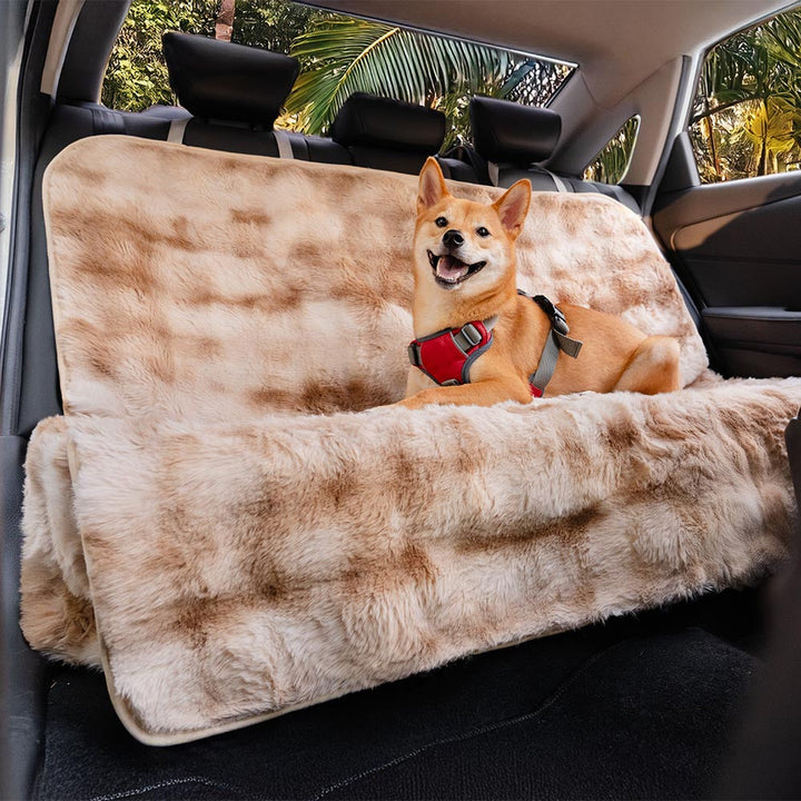 Plush faux fur pet car seat cover & blanket in black, protecting car upholstery from pet hair and dirt.