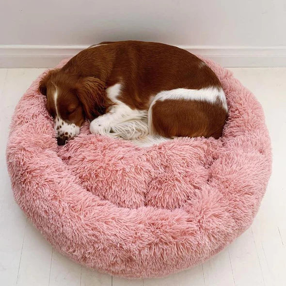 Pet bed displaying its non-slip base for stability, anti-anxiety deep sleep support.