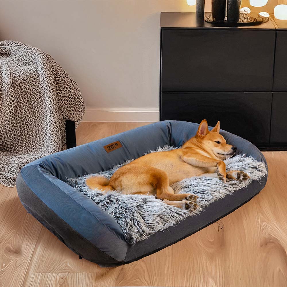 Plush grey fluffy dog sofa bed with bolstered sides, ideal for pet comfort and joint support.