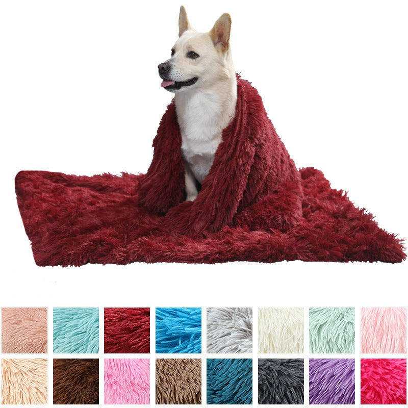Washable plush pet blanket in a living room setting, cozy dog and cat bed mat