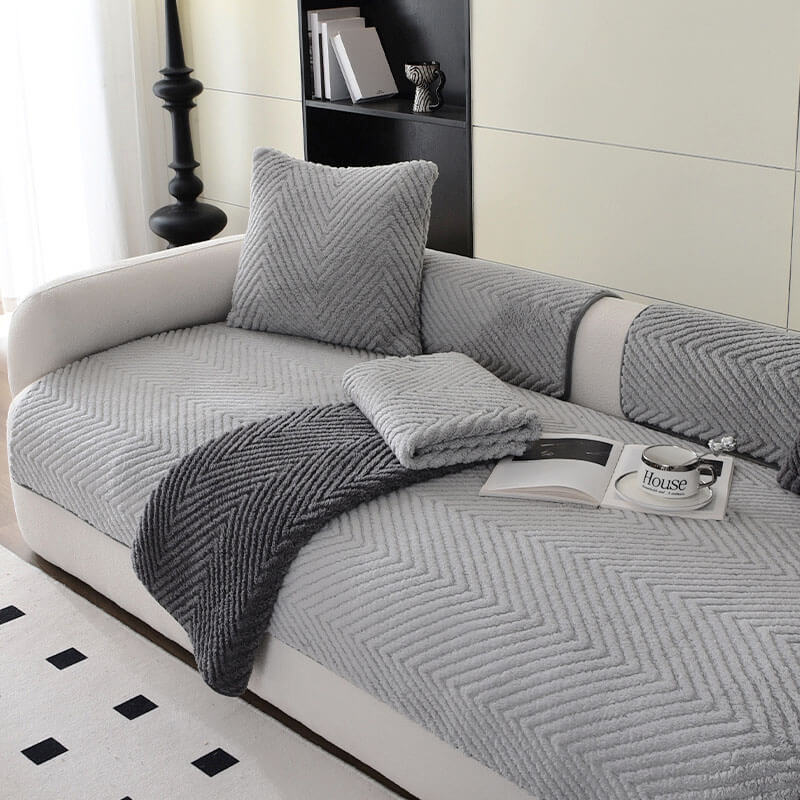 Soft plush herringbone couch cover, non-slip design for secure fit, stylish home decor accent