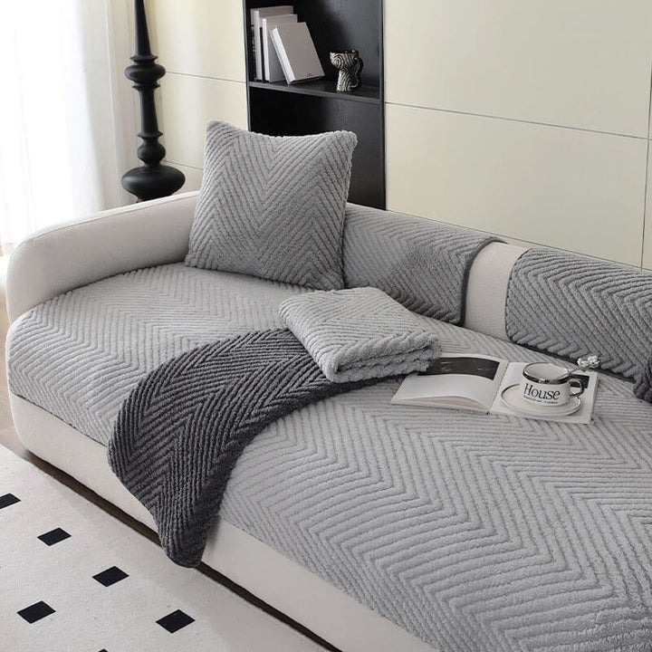 Soft plush herringbone couch cover, non-slip design for secure fit, stylish home decor accent