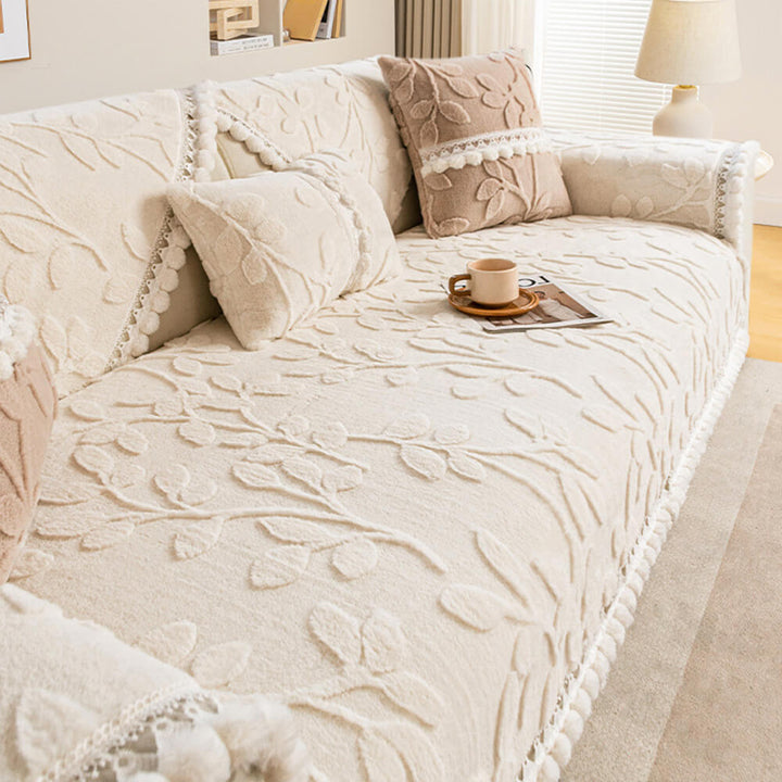 Durable couch cover plush jacquard, non-slip, featuring an appealing natural branch design.