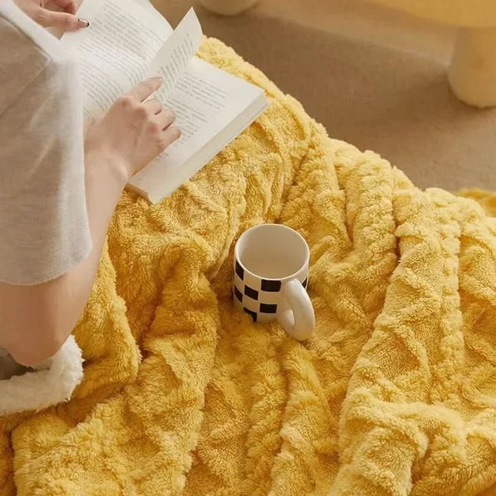 Winter warm lambswool blanket. Cozy microfiber flannel throw for plush bedroom comfort & home decor.