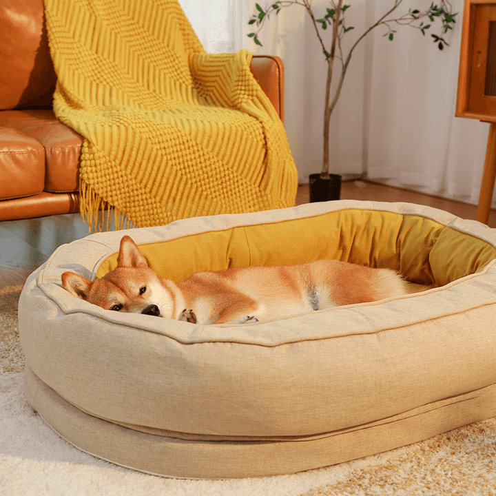Elegant fluffy orthopedic dog bed, plush and cozy, perfect for pet relaxation.