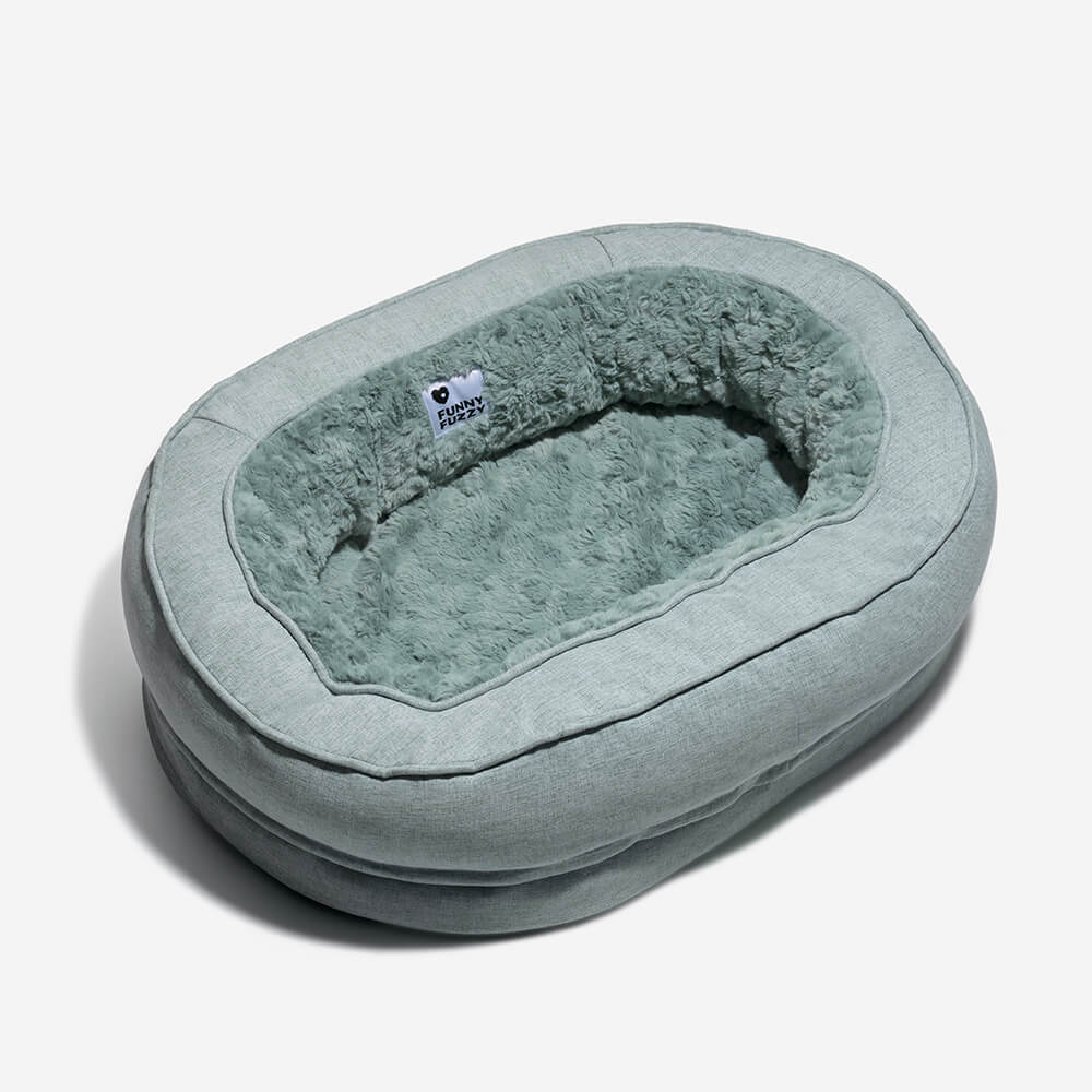 Unisex fluffy pet bed with orthopedic support, perfect for anxious dogs, washable design.