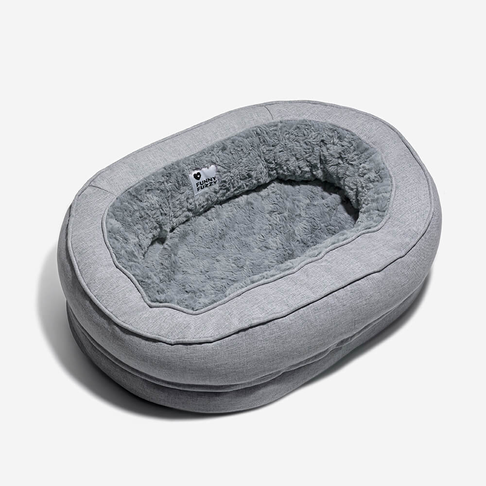 Chic fluffy orthopedic pet bed, blending into home decor while comforting pets.