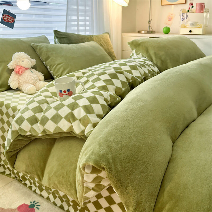 Corner detail of a plush plaid fitted bed sheet, warm and cozy comfort