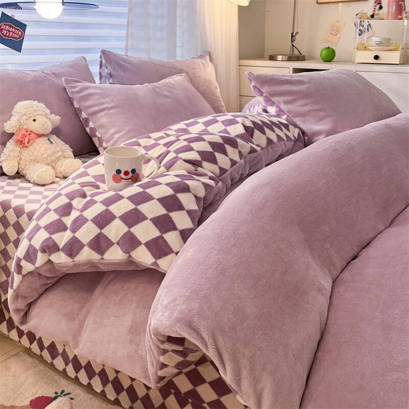 Plush plaid pillowcase from the warm soft bed sheet set, cozy bedding
