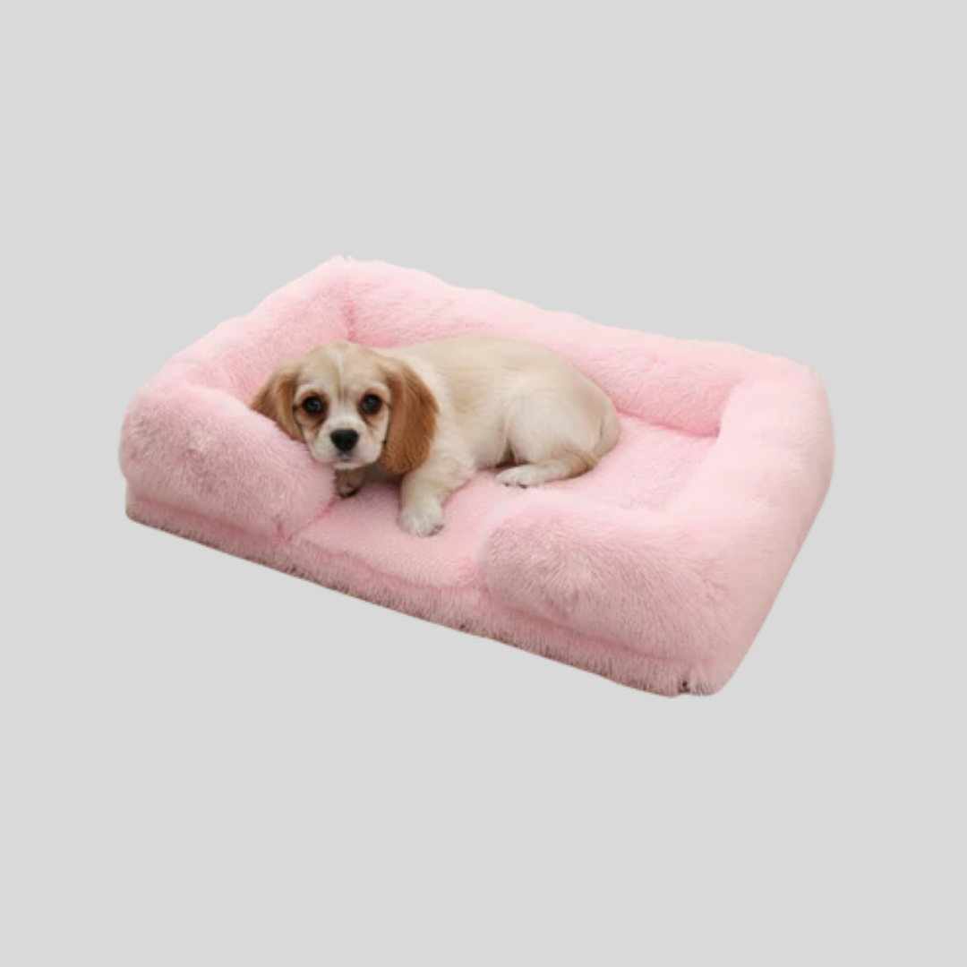 Neutral-toned rectangular pet bed, blends with home decor, cozy and calming for pets. New arrival.