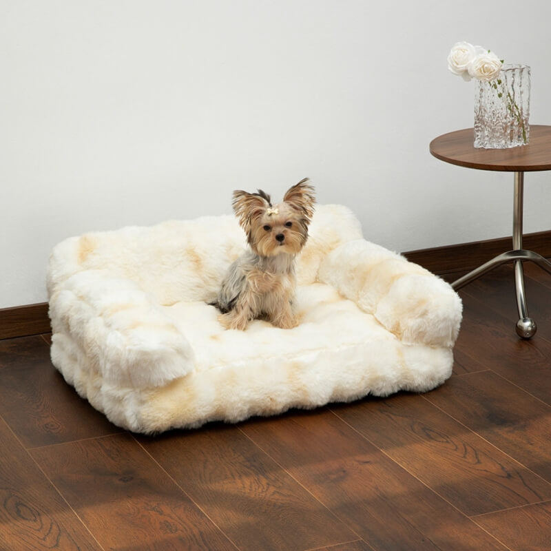 Beige calming pet sofa bed, cozy and washable, for small to medium dogs and cats.