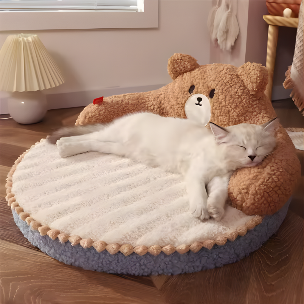 Plush round pet bed with removable cushion for small cat or kitten, washable memory foam design in cute grey