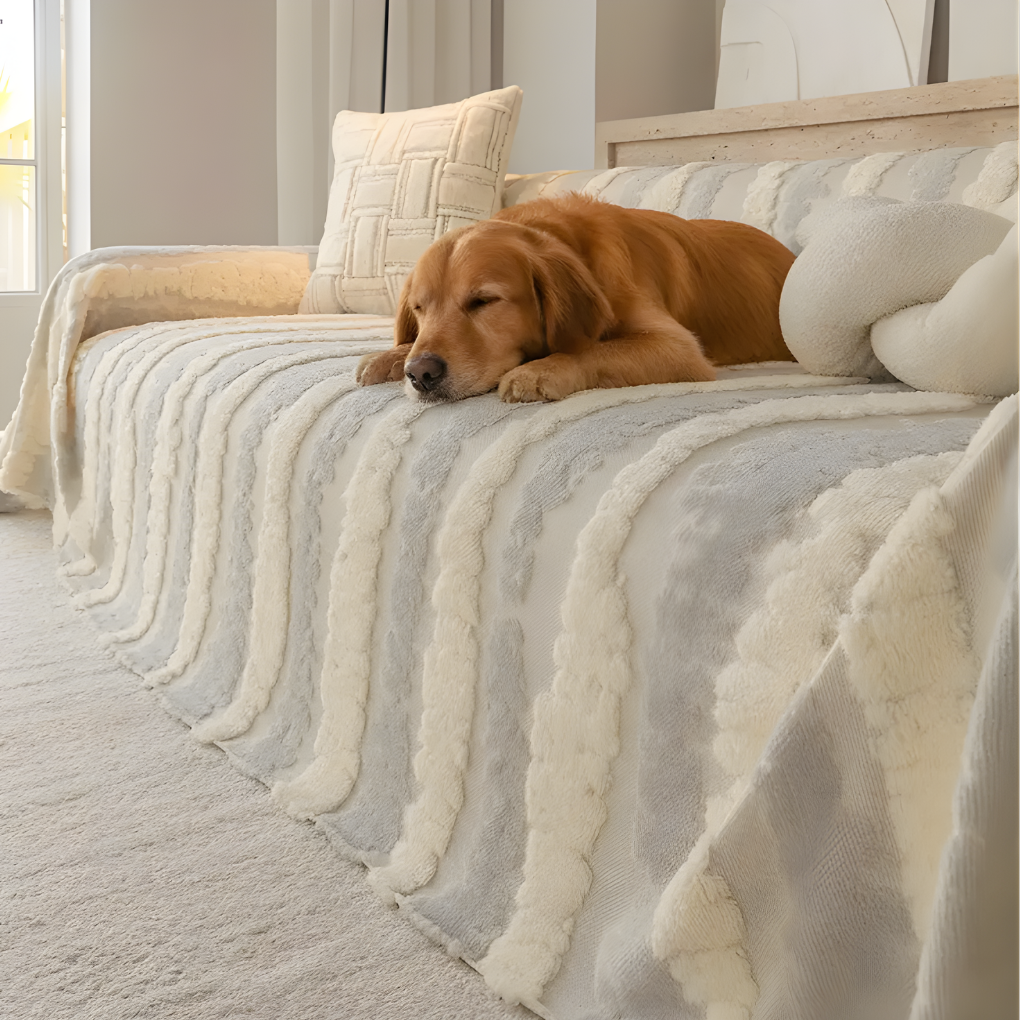 Unisex plush sofa blanket cover as home decor, showing its texture and full coverage on a sofa.