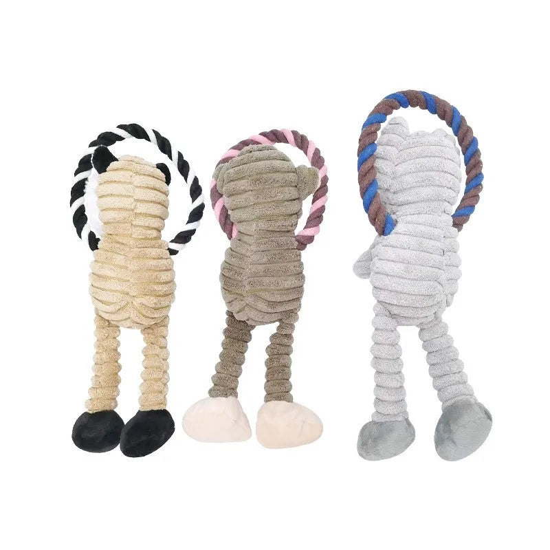 Dental health plush squeaker dog toy, soft fleece for safe and engaging play.