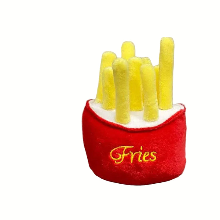 Red strawberry food-shaped plush squeaky toy, a delightful chew toy for small dogs.