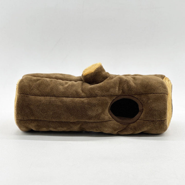 Interactive dog accessory: plush tree bark toy with three squeaky squirrel characters for puzzle play