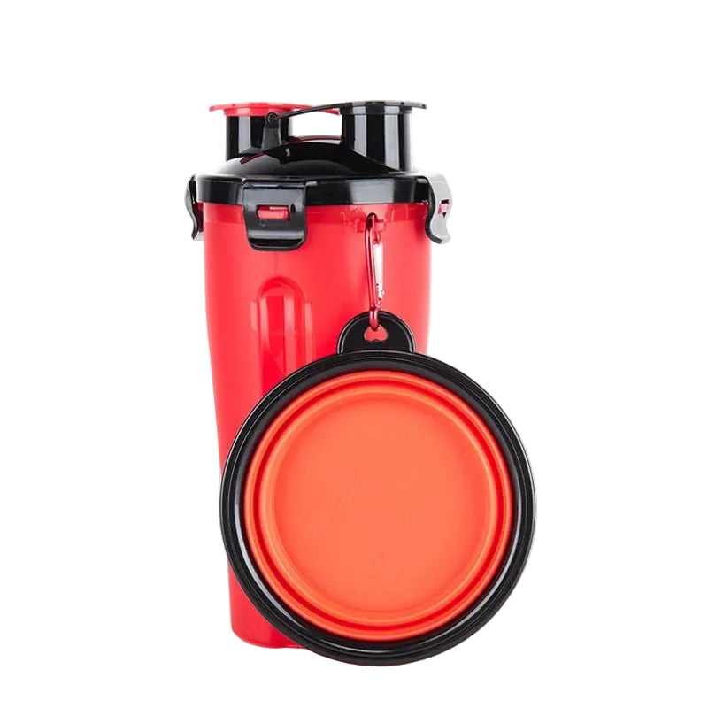 Essential travel pet accessory: an integrated dog water bottle and food dispenser