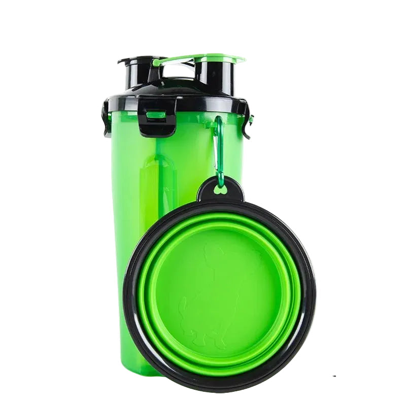 Blue 2-in-1 portable pet water bottle & food feeder, vital for active dogs
