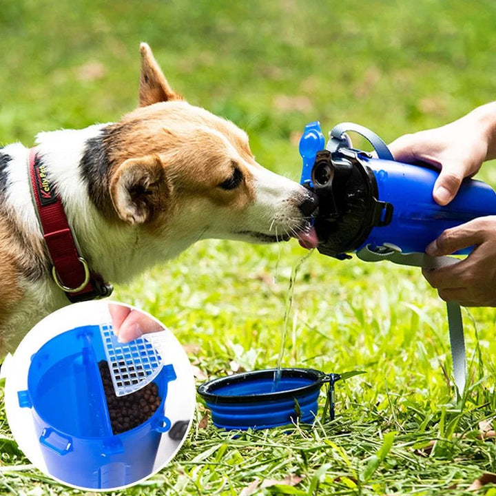 Compact dog water bottle with integrated food dispenser, essential outdoor pet accessory