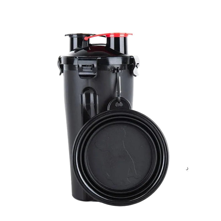 Hydration for dogs: a portable pet bottle with food storage for walks and travel