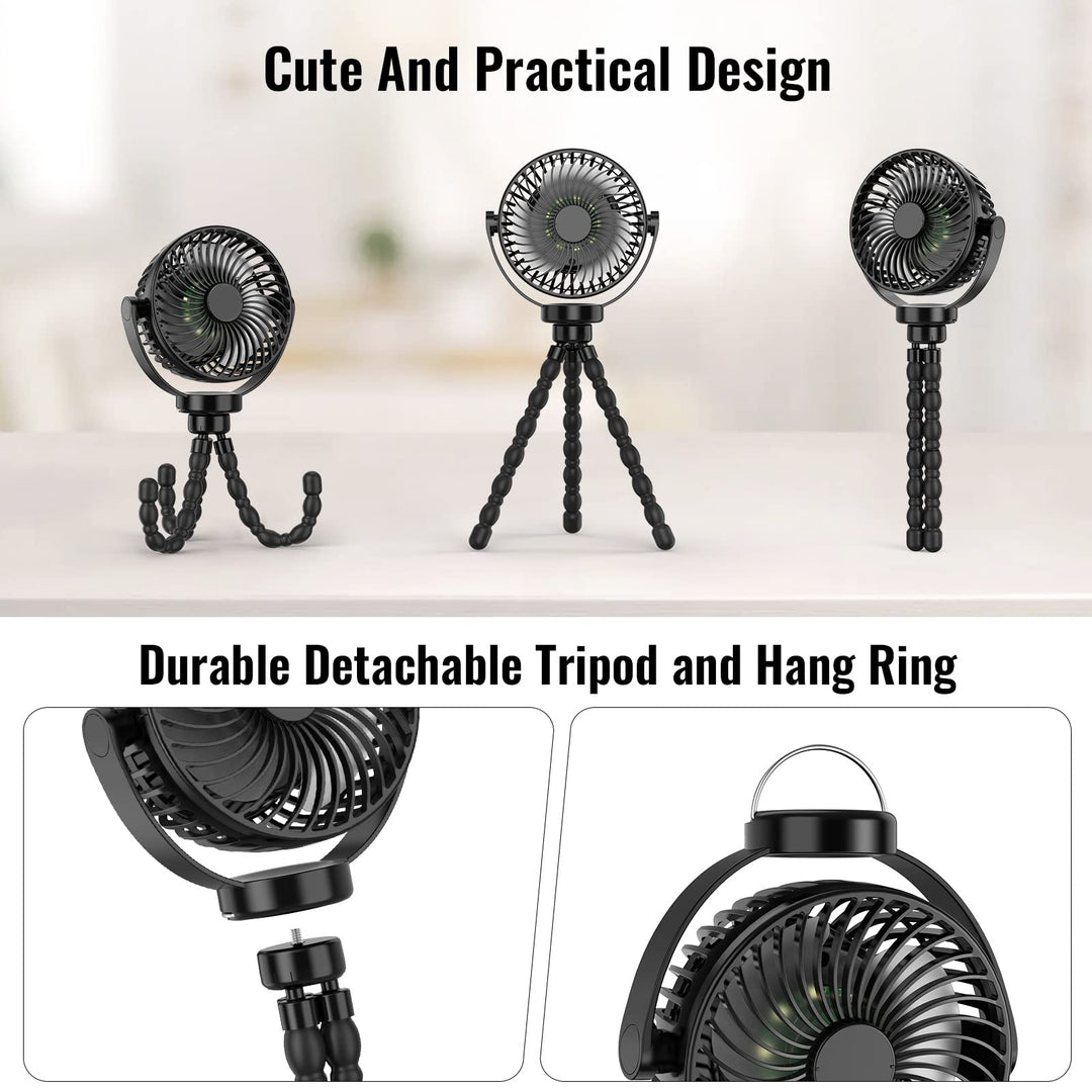 Portable fan with LED light and quiet operation, perfect for camping & nighttime cooling.