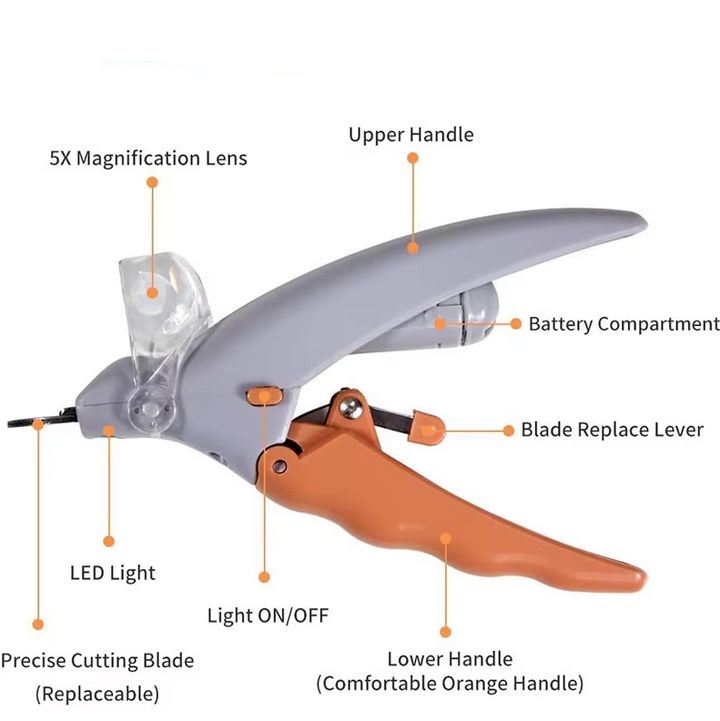 "Präziser Krallenschneider mit LED-Licht und Vergrößerungsglas für sichere Pflege von Haustierkrallen, Nahaufnahme."