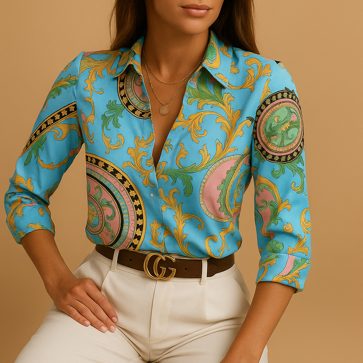 Trendy women's printed blouse, great for spring fashion or a stylish casual look.