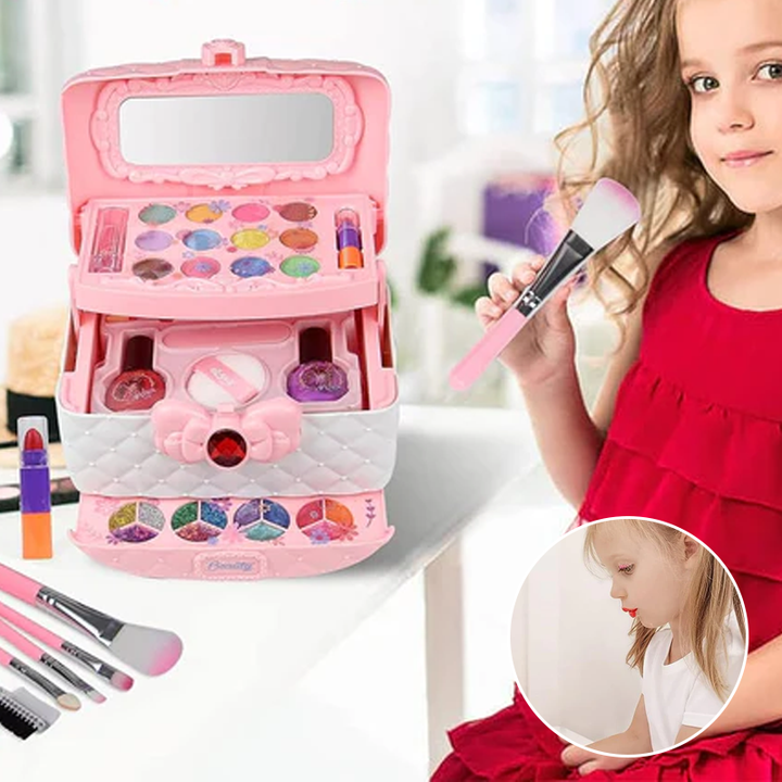 Prinzessinnen Schminkset für Kinder, bunt mit Lippenstift, Lidschatten, Pinsel; fördert kreatives Spielen.