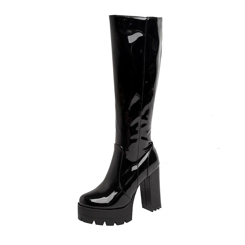 Women's Faith black studded fashion long boots with chunky heel and platform for statement style.